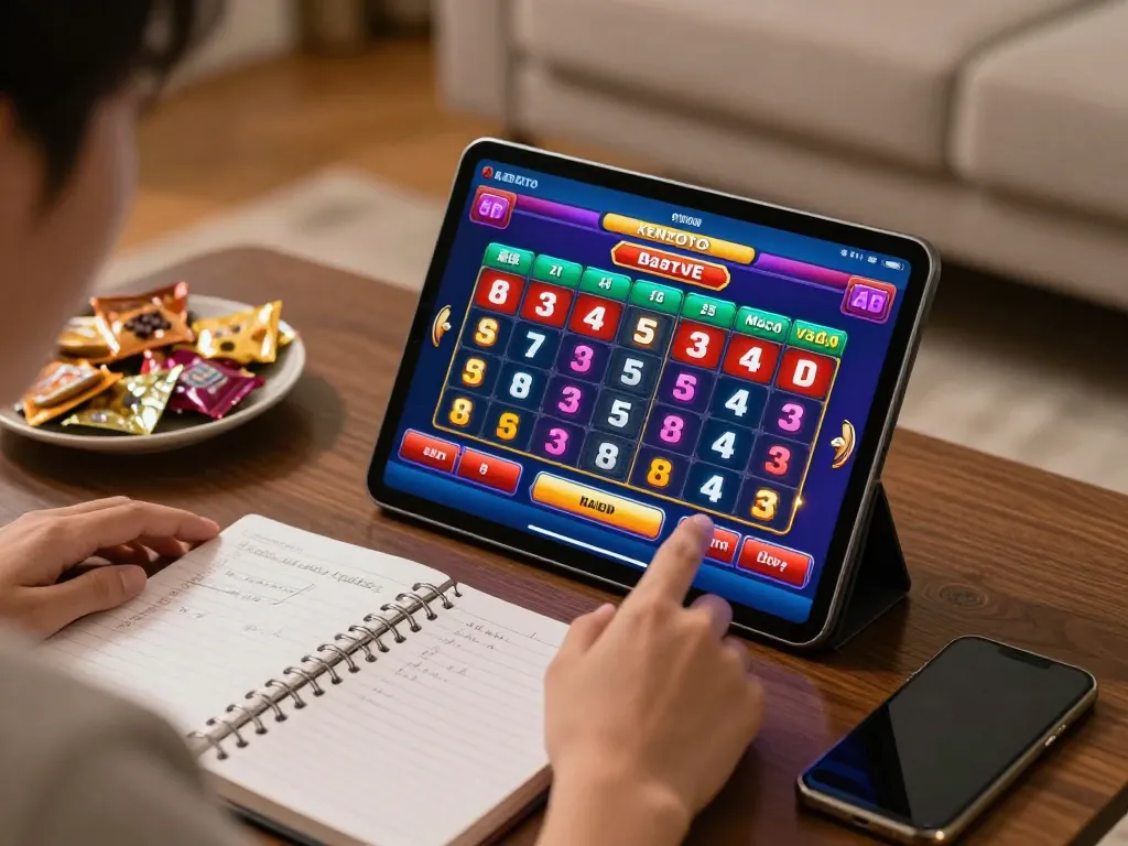 Pengguna Kenzototo memeriksa hasil terbaru Macau secara online di tablet dalam ruang tamu yang nyaman