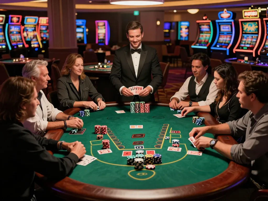 Engaged players at a bustling blackjack table strategizing their bets while filling their balance เติมเงิน for more game excitement