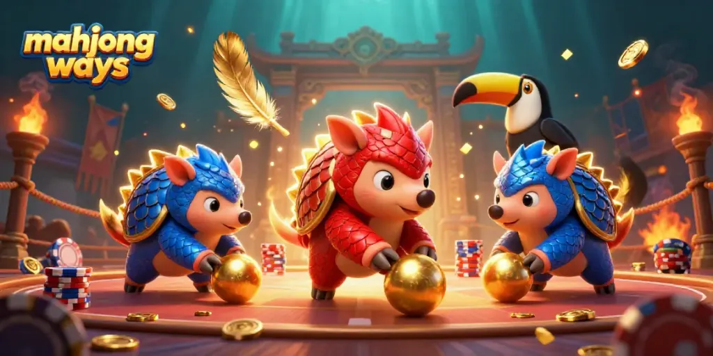 Menggulung bola emas dan chip poker, pangolin merah dan biru di mahjong ways beraksi