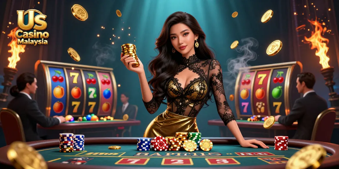 Players enjoying thrilling games at Us Casino Malaysia with golden chips and exciting slot reels