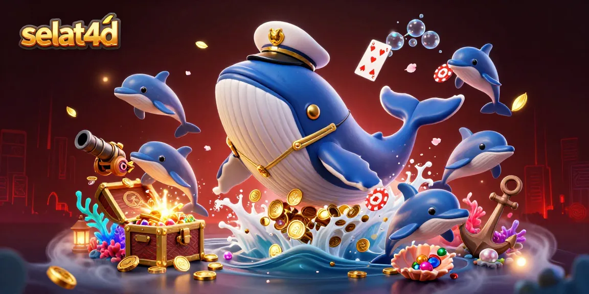 Engage with selat4d as a cartoon whale breaches through coins amidst playful dolphins and treasures.