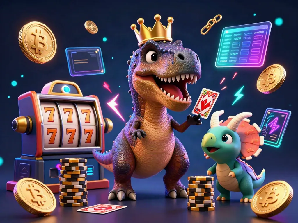 Experience thrilling slot gaming with cartoon dinosaurs in a vibrant casino scene.