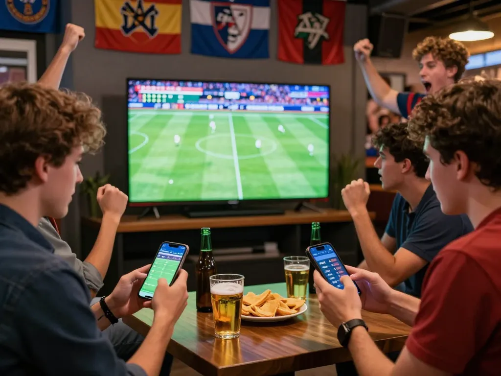 A group of friends actively engaging in soi kèo while watching a live football match, checking odds on smartphones in a lively sports bar.
