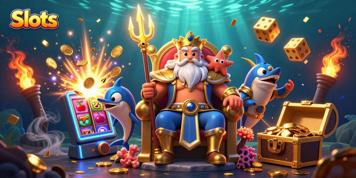 Win big with Slots as Neptune and friends celebrate a jackpot in a vivid underwater casino scene.
