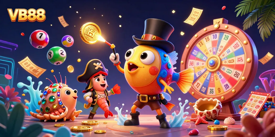 VB88 shines in a vibrant casino scene with an anglerfish, golden coins, and dynamic lottery elements.