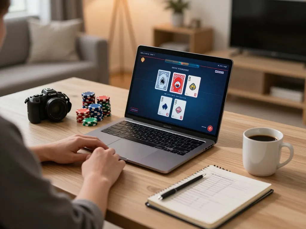 Player engaged in tr88 online poker game at home desk, showcasing strategy and comfort.