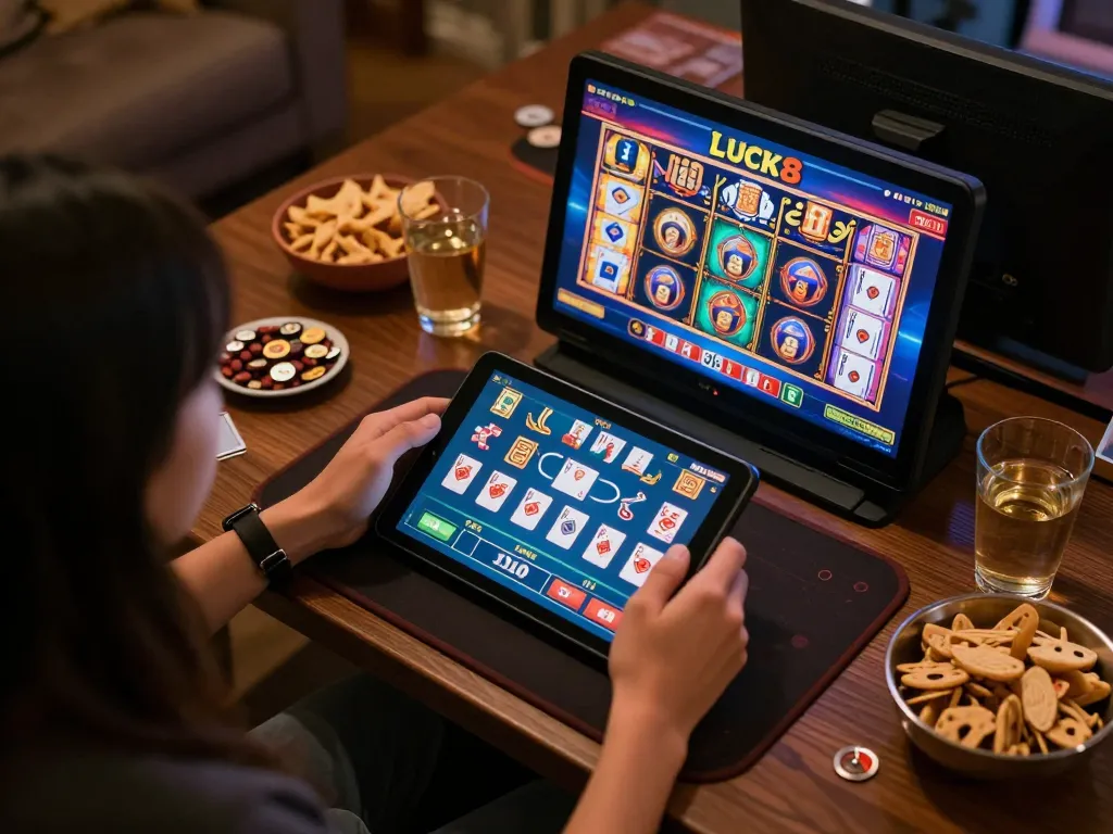 Engaging in LUCK8 online gaming session on tablet, showcasing vibrant slot machines and poker cards