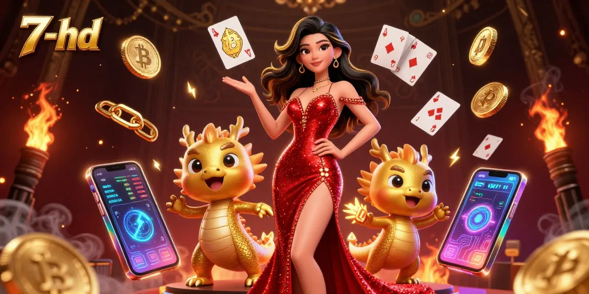 Engage with 7-hd's vibrant casino environment featuring a glamorous character, digital currencies, and dynamic gaming elements.