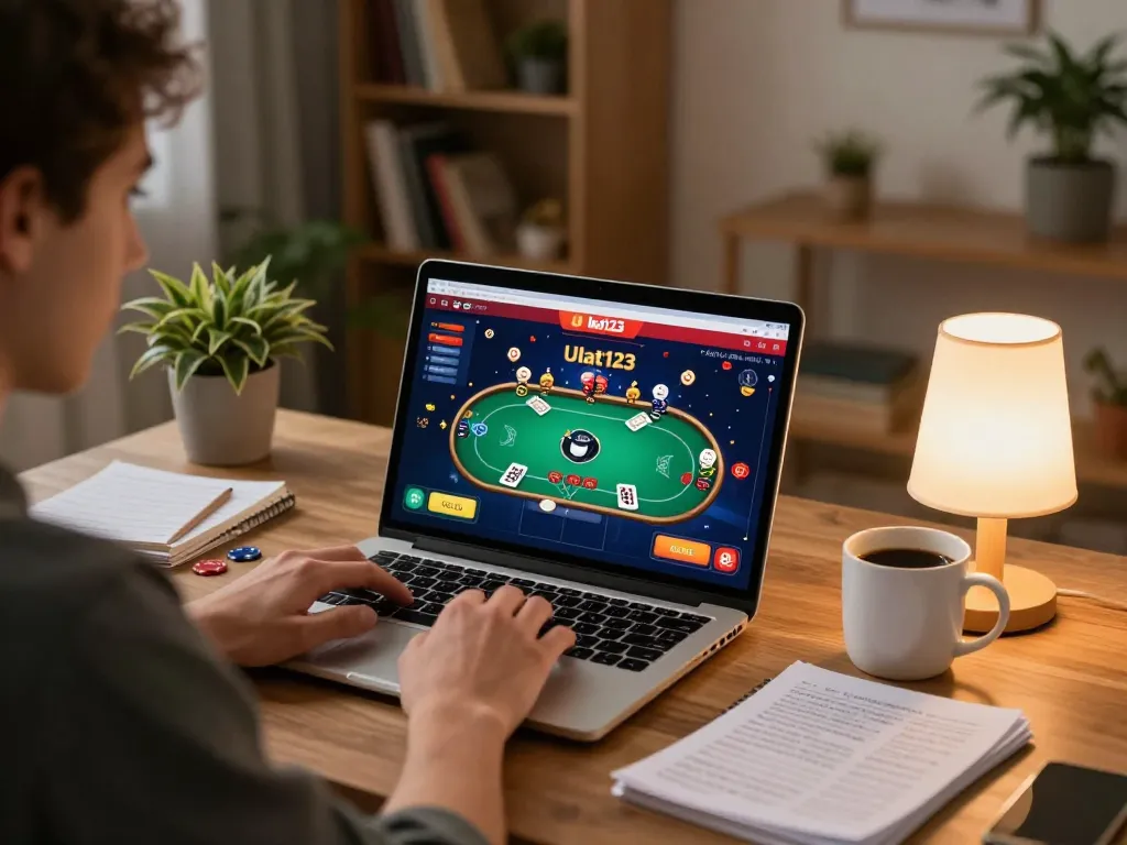 Pemain yang terlibat dengan permainan poker daring Ulat123 dari pengaturan rumah yang nyaman, menunjukkan suasana permainan yang bertanggung jawab.