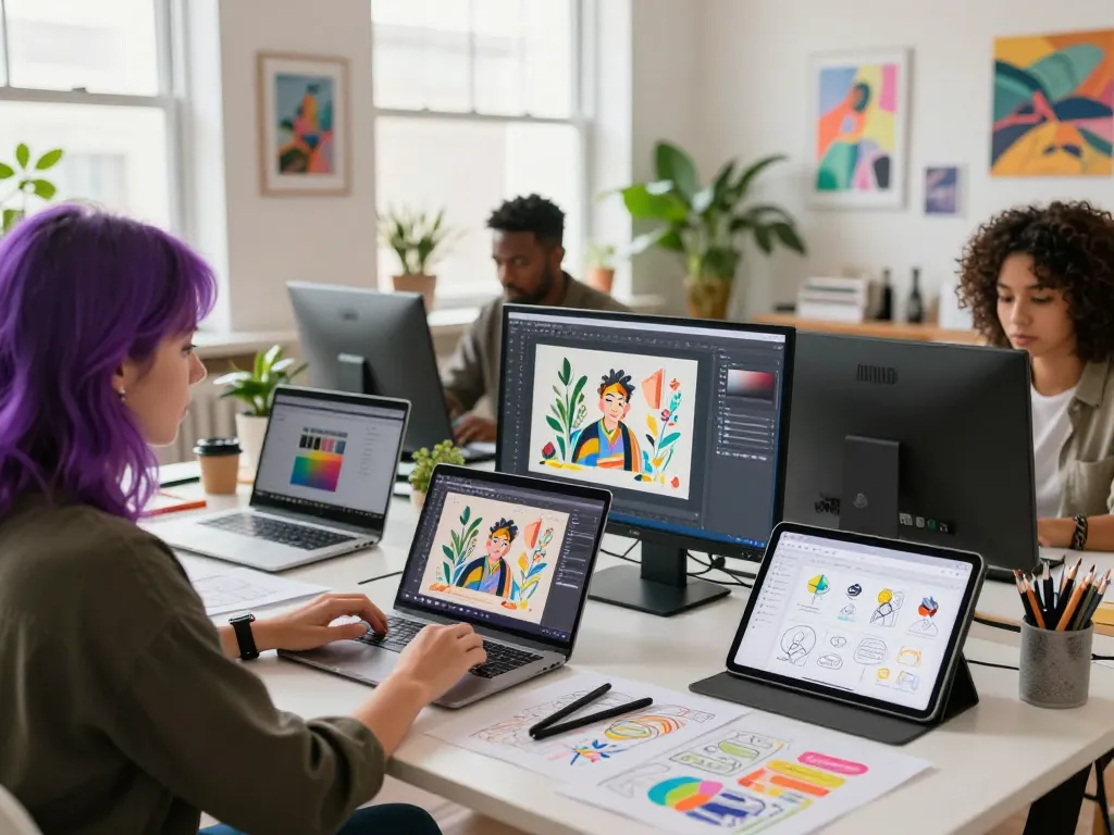 Nano Banana 2 AI image editor in vibrant creative workspace with designers collaborating on digital projects.