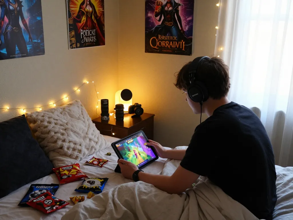 Person enjoying a sex game on a tablet in a cozy bedroom environment.
