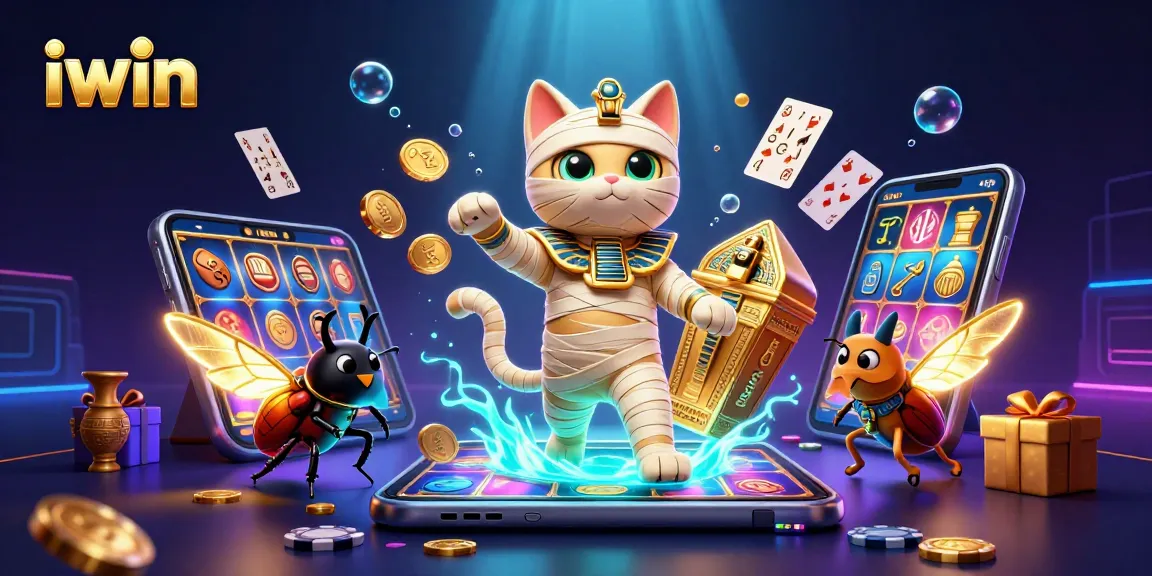 Play thrilling slot games with iwin using an Egyptian mummy cat and glowing scarab illustration.