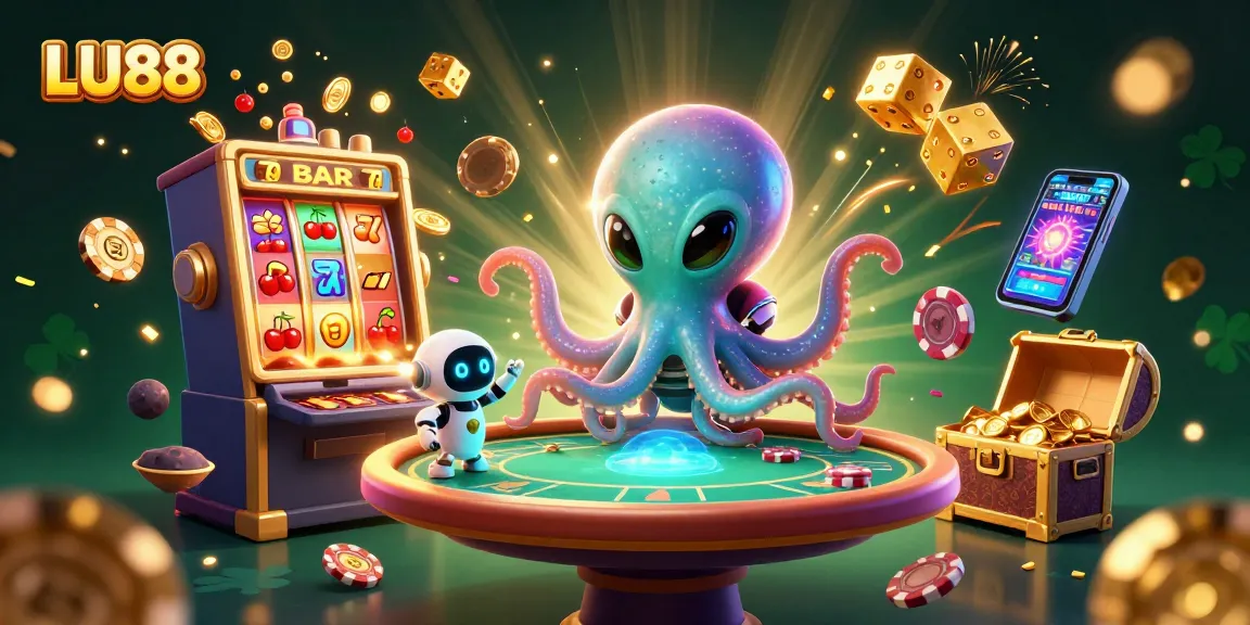 LU88 alien octopus collides with jackpot excitement at a dynamic casino scene, showcasing vibrant gaming elements.