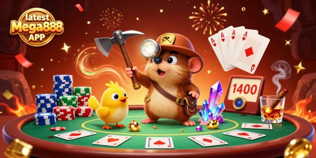 Experience the excitement with the latest Mega888 APK in a vibrant 3D casino mining scene.