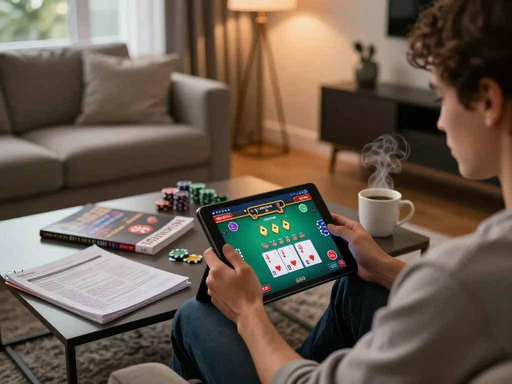 Experience immersive online gaming with AF88 in a cozy home setup, engaging with vibrant poker tournaments.