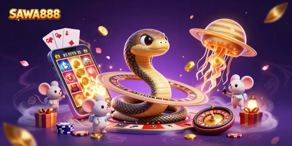 Experience SAWA888 with cosmic gaming: Snake roulette and astronaut mice in vibrant illustration