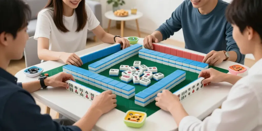 Permainan Mahjong Ways yang seru dengan teman-teman, keripik dan camilan di meja.