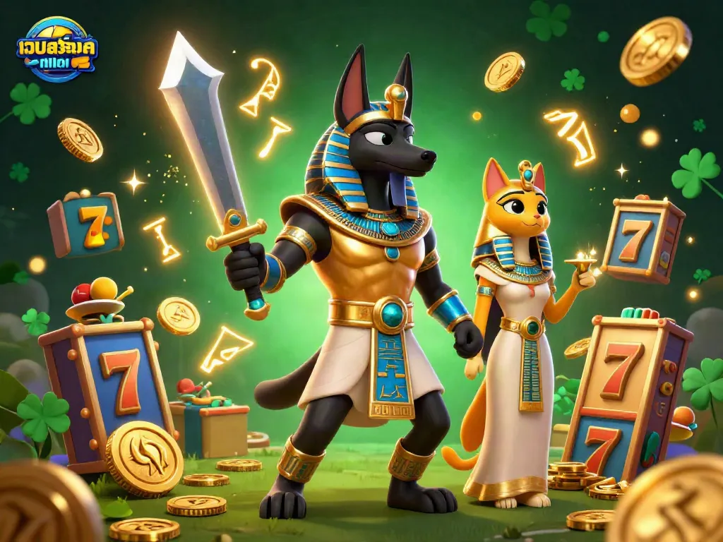 Engage with เว็บสล็อตแท้ as Anubis and Bastet illustrate dynamic casino action, showcasing slot games and golden treasure.