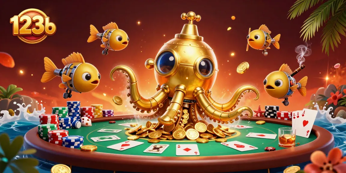 Engage with the thrilling 123b casino experience featuring vibrant poker elements and a whimsical golden kraken.