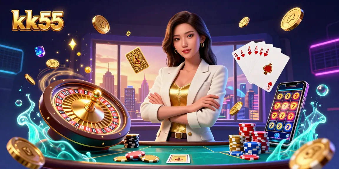 Experience winning thrills with kk55's vibrant casino atmosphere featuring a professional Asian dealer and dynamic game elements.