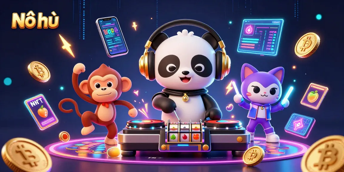 Nổ hũ slots showcase vibrant energy with DJ panda, dancing monkey, and rave kitten.
