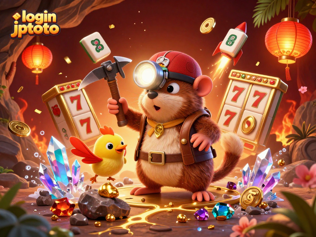 Join the excitement at login jptoto with an energetic scene featuring a treasure hunter mole and slot game elements.