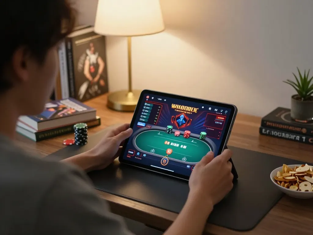Player engaging in online poker using 3win platform on tablet, cozy home setting.