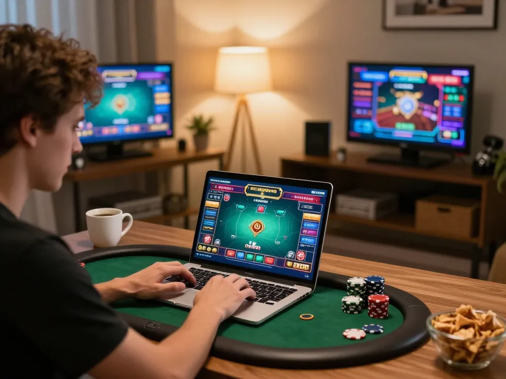Player engaged in exciting online poker game on 388bet platform at home, showcasing strategic gaming atmosphere.