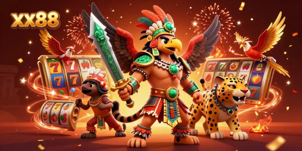 Engage with xx88 at a lively casino scene featuring Aztec warrior characters amidst slot reels and festive elements.