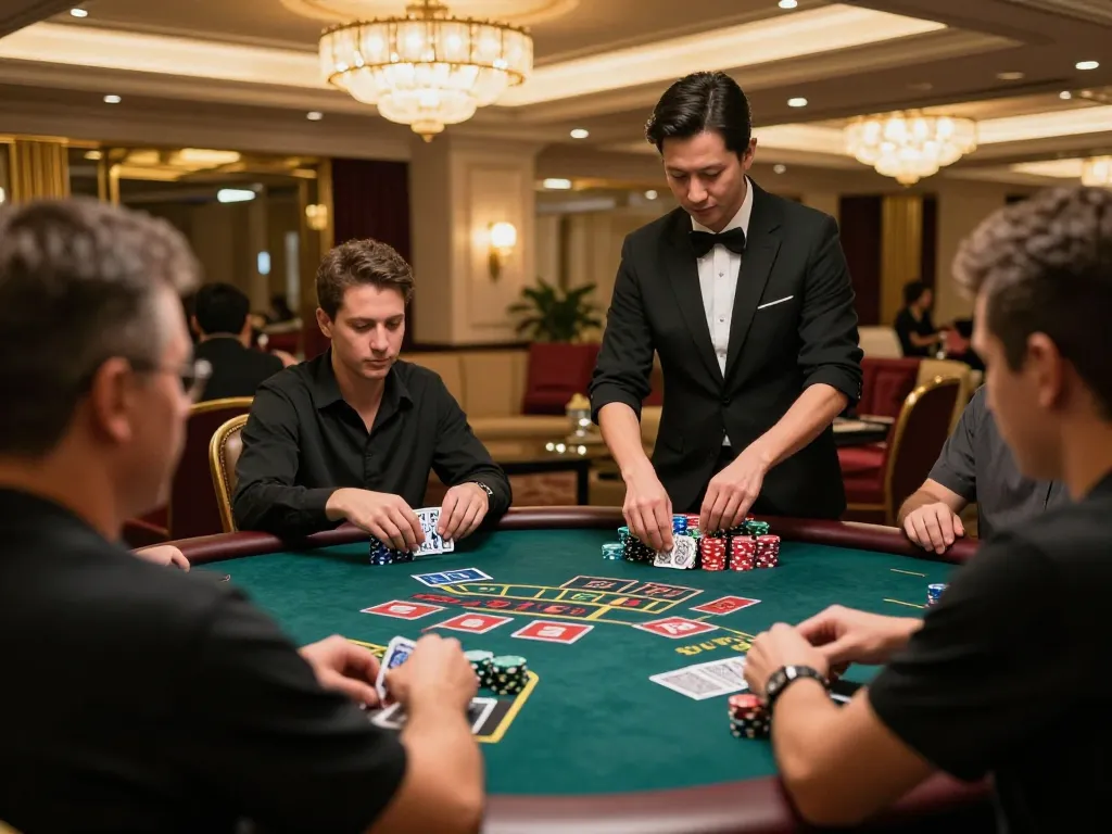 Players engage in thrilling blackjack gameplay at a casino table, showcasing a tr88 strategy moment with dealer action.