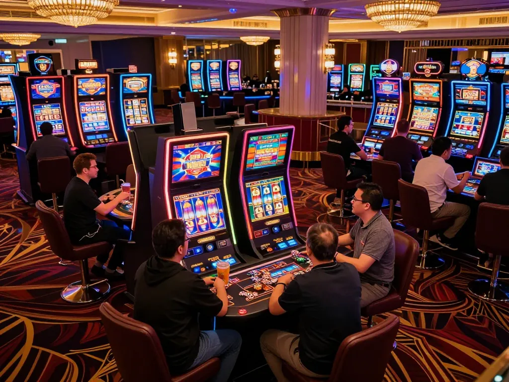 Players celebrating wins at colorful link slot machines in a vibrant casino atmosphere.