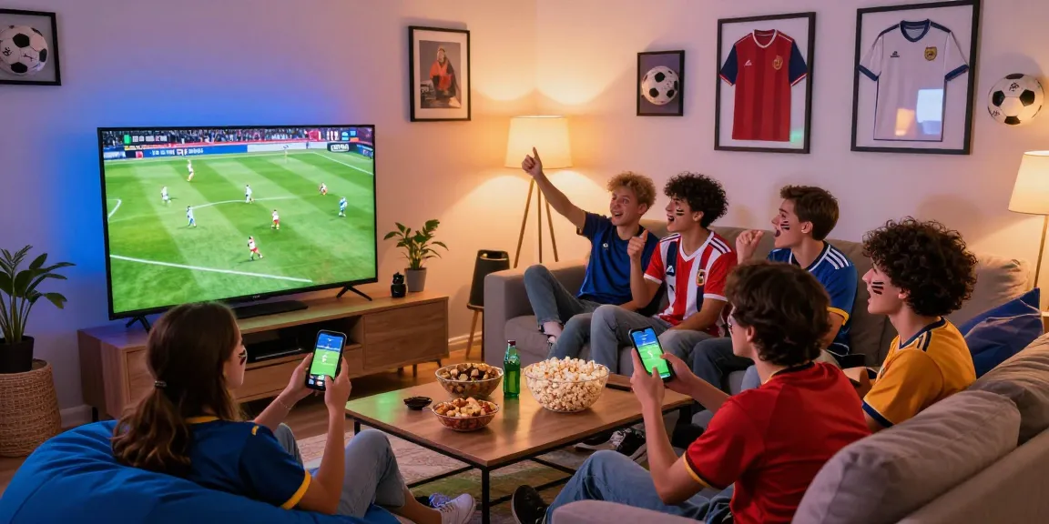 Watch kora live soccer match with friends in a lively living room setup.
