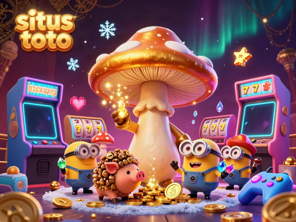 Experience situs toto's magical casino with golden mushroom characters amidst vibrant slot reels and treasures.