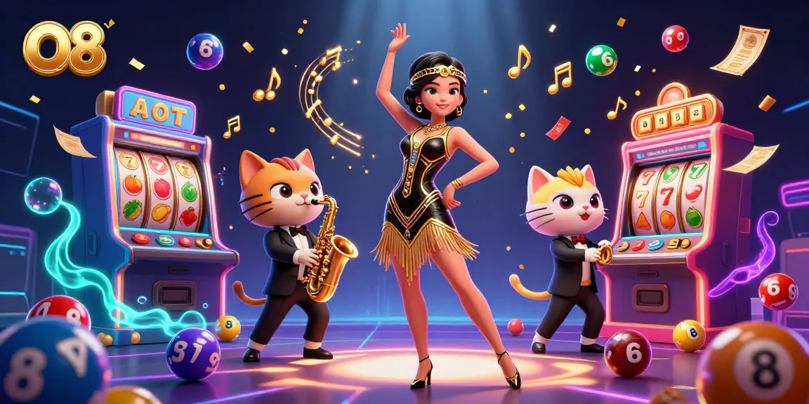 Engage in thrilling gambling at O8 with a vibrant illustration featuring slot reels and bursting colorful lottery elements.