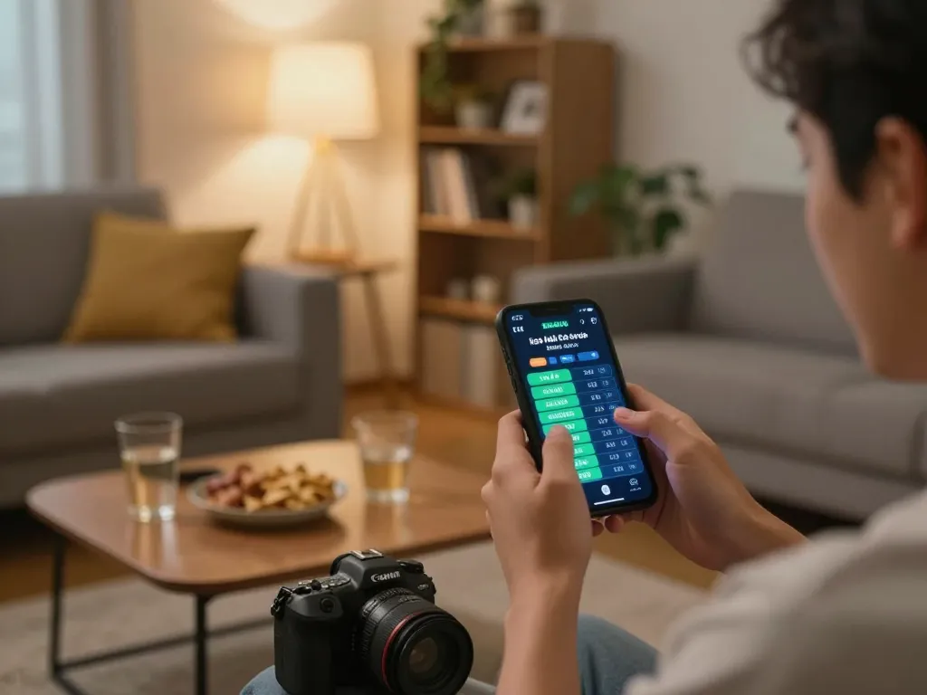 Person engaging with kèo nhà cái trực tiếp on mobile app in cozy living space.