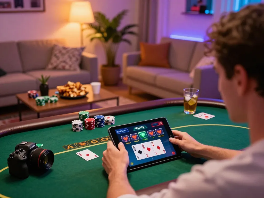 Player engaging with tr88 poker game on tablet in cozy home environment.