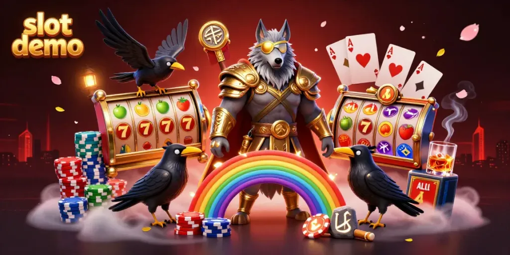Menggoda pemain dengan slot demo, Odin dan dua burung hantu bersenjata di latar belakang kasino penuh simbol kemenangan.