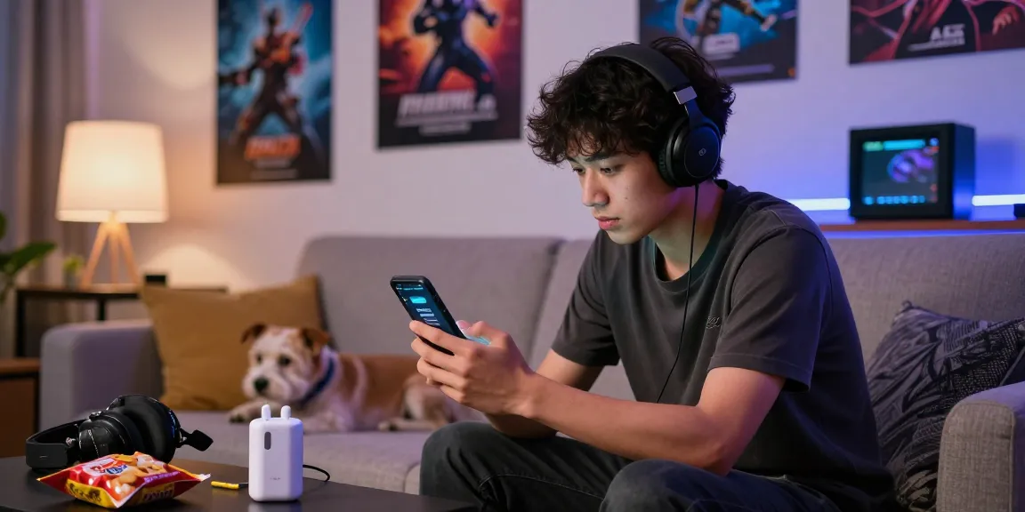 Engaged player using Raja Game login on smartphone in vibrant living room.