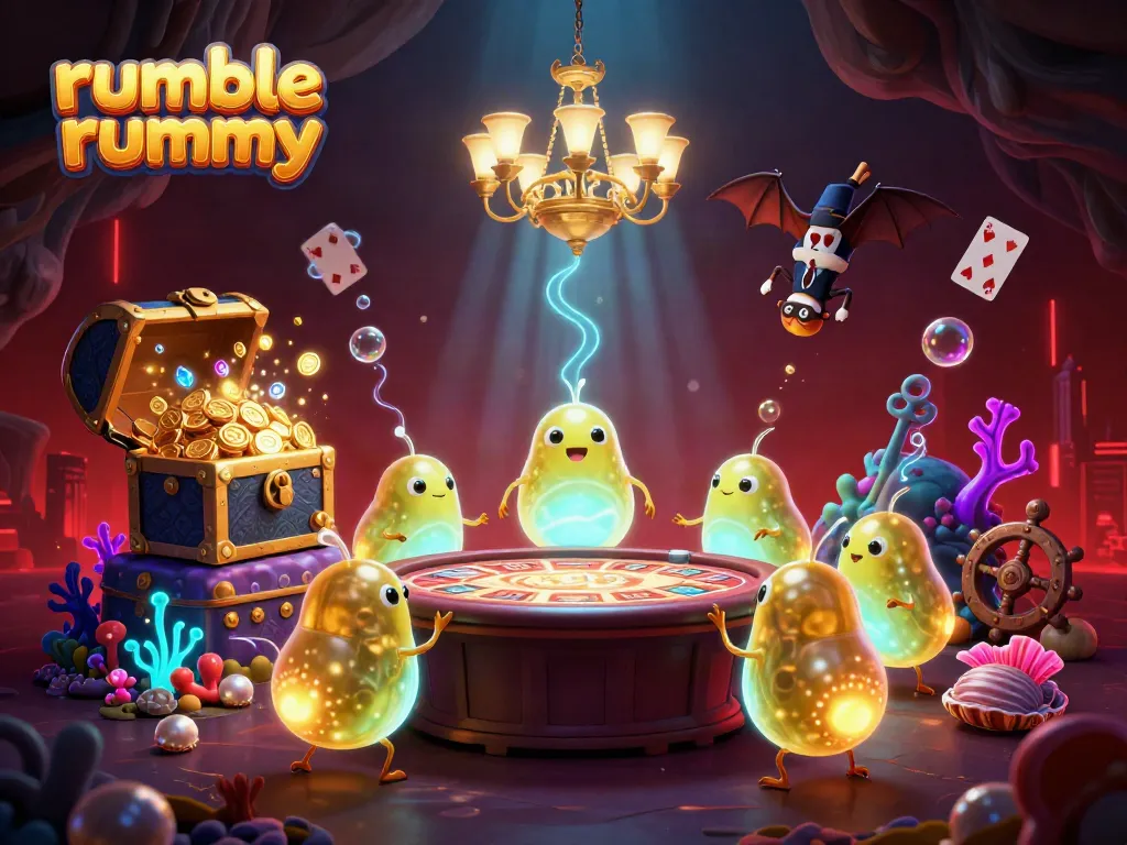 Experience the thrill of rumble rummy in a vibrant cave casino with bioluminescent glowworms lighting the scene.