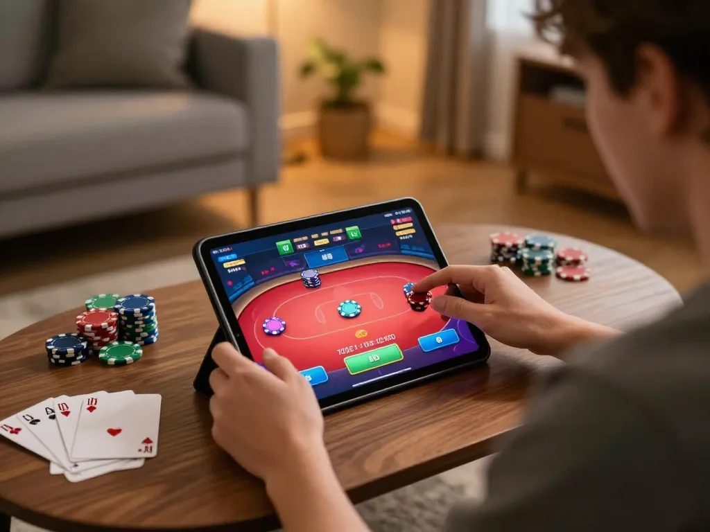 Engaging online poker gameplay at home with sun win interface visible on tablet screen.