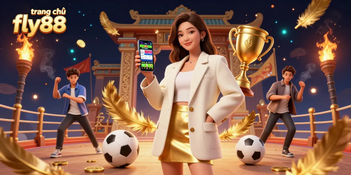 Exciting bet with trang chủ fly88 as an Asian woman holds a smartphone for sports betting surrounded by dynamic game elements.