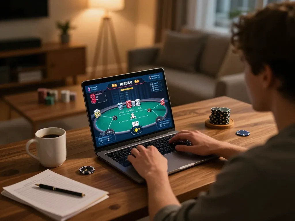 Engaged player enjoying cm8888 online poker game, showcasing dynamic gameplay and cozy atmosphere.