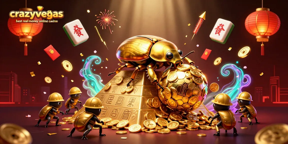 Engage with the crazyvegas best real money online casino through a vibrant 3D cartoon illustration of golden beetles and casino symbols.