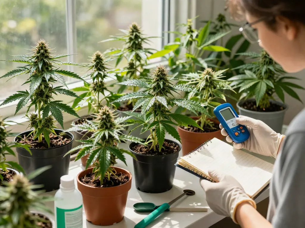 Explore autoflower varieties thriving in an indoor garden, highlighting diverse cannabis strains and careful cultivation.