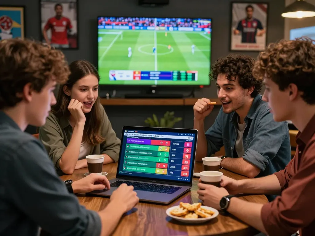 Teman-teman terlibat dalam strategi taruhan Sydneycuan untuk Piala Dunia 2026 dengan diskusi hidup di sekitar laptop dalam suasana bertema olahraga.