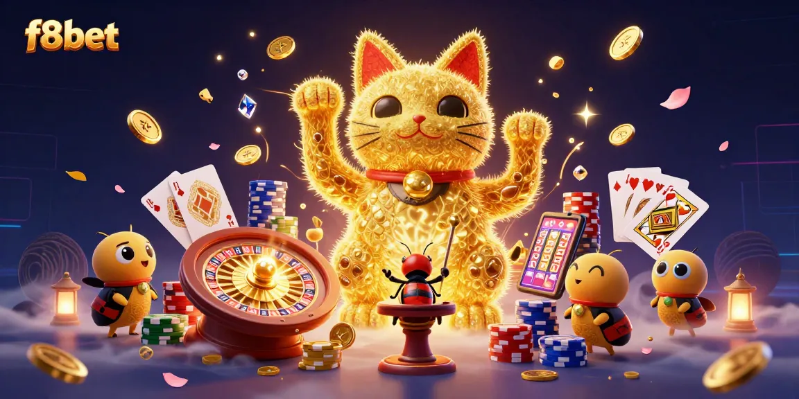 Experience gambling thrills with f8bet's exciting casino games, encapsulated in a vibrant 3D scene.