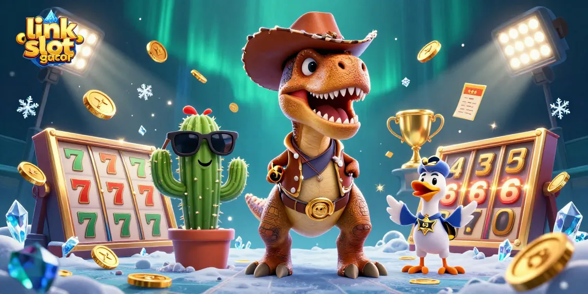 Master playing link slot gacor amidst dynamic casino elements featuring T-Rex and friends.