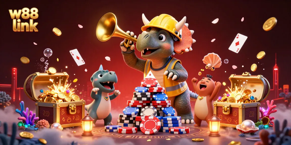 Cheerful 3D characters create a lively w88 link promoting a dynamic casino atmosphere.