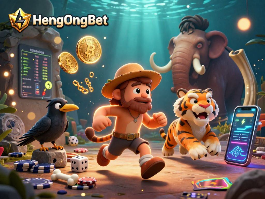 Experience the thrilling world of HengOngBet with vibrant 3D illustration of a caveman casino.