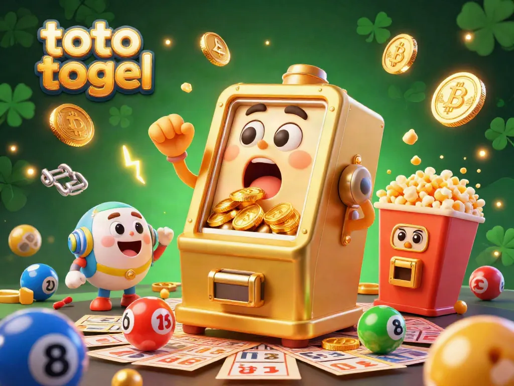 Experience the thrill of toto togel with a lively scene featuring a winning slot machine and vibrant gaming elements.